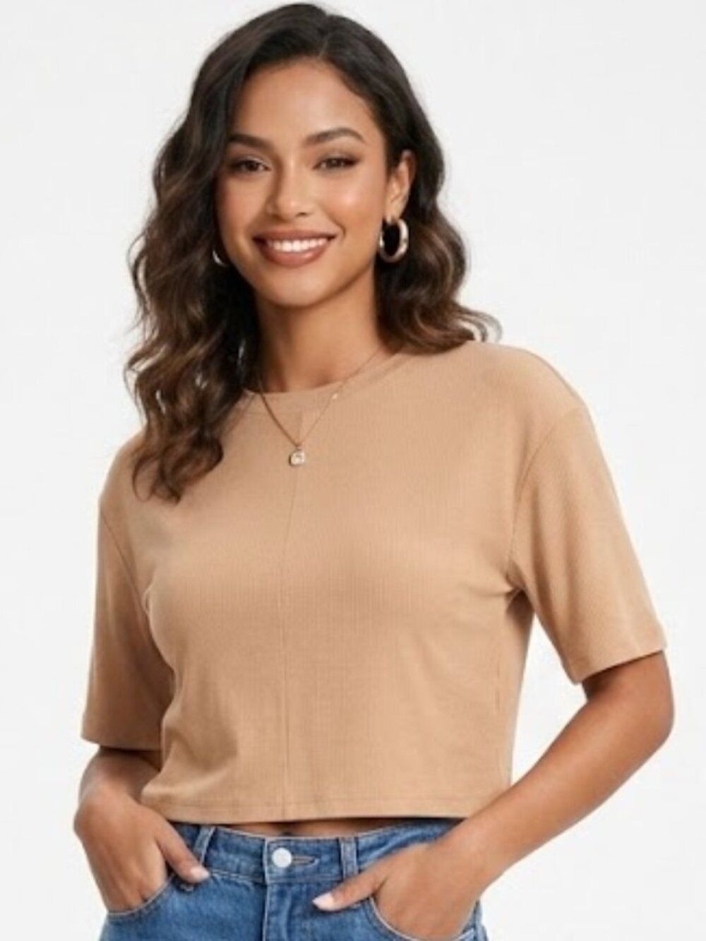 Kittenish Brown Sugar Tan Ribbed Crop Shirt